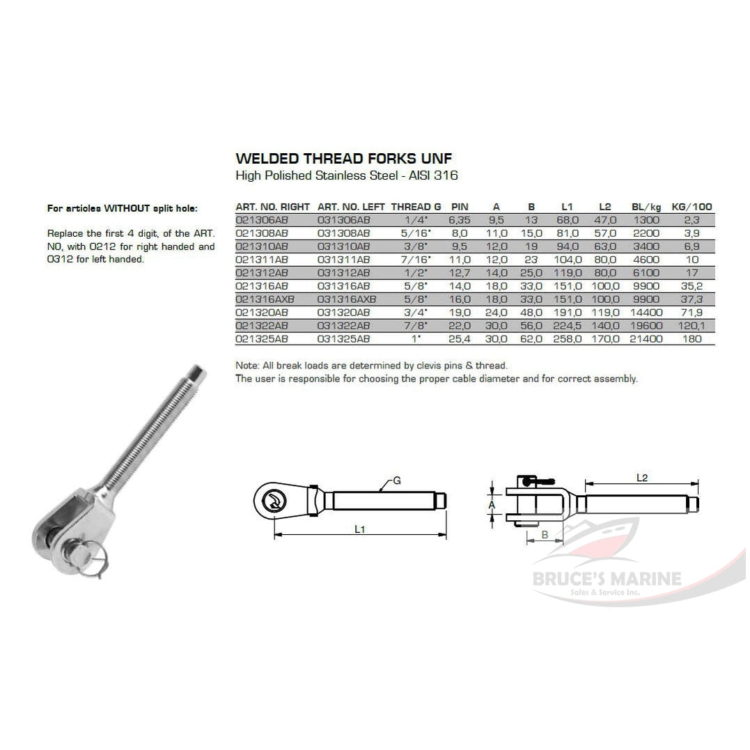 BLUEWAVE STAINLESS STEEL THREADED FORK (IMPERIAL UNF)