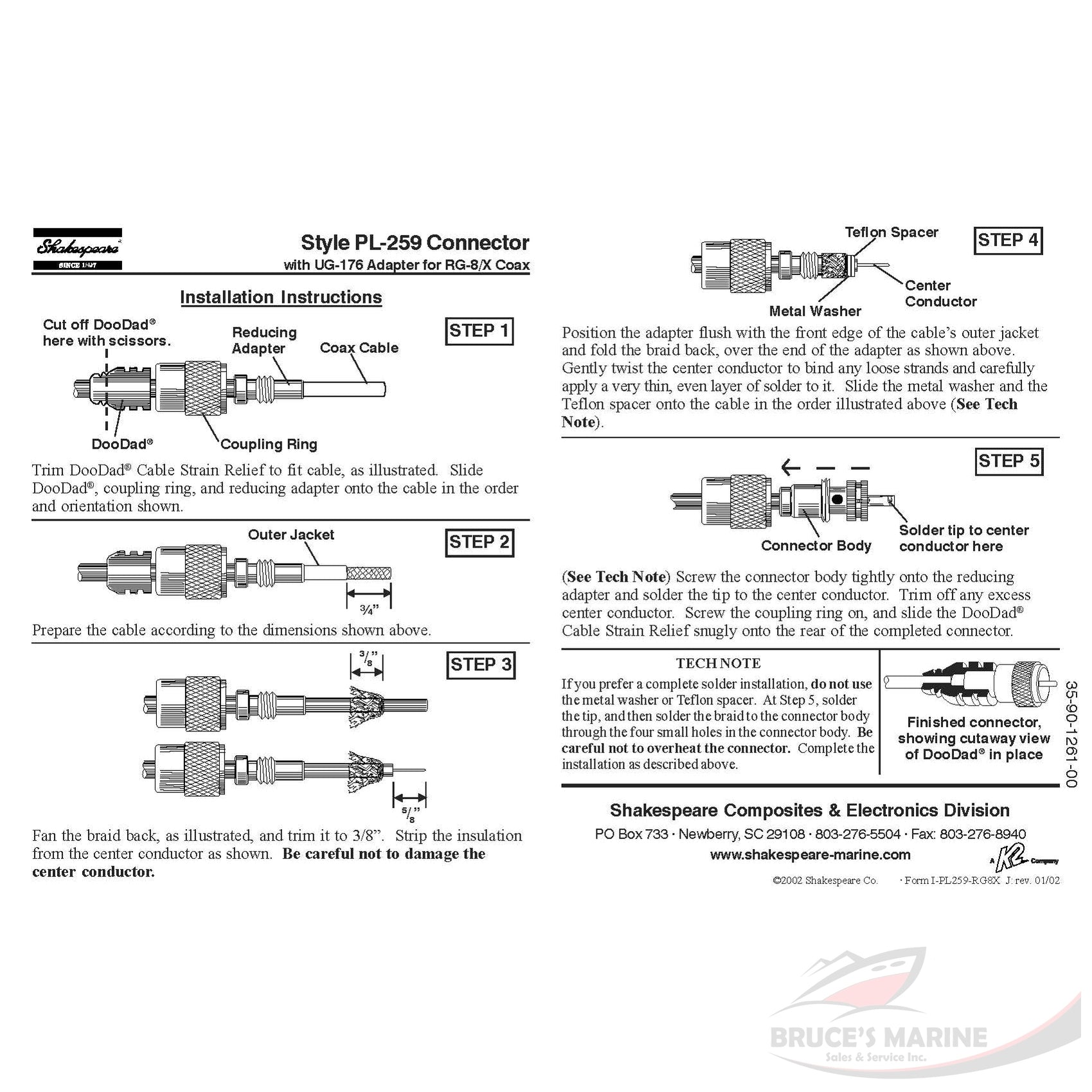 SHAKESPEARE PL-259-8X-G PL259 VHF RADIO CONNECTOR W/UG176 ADAPTER